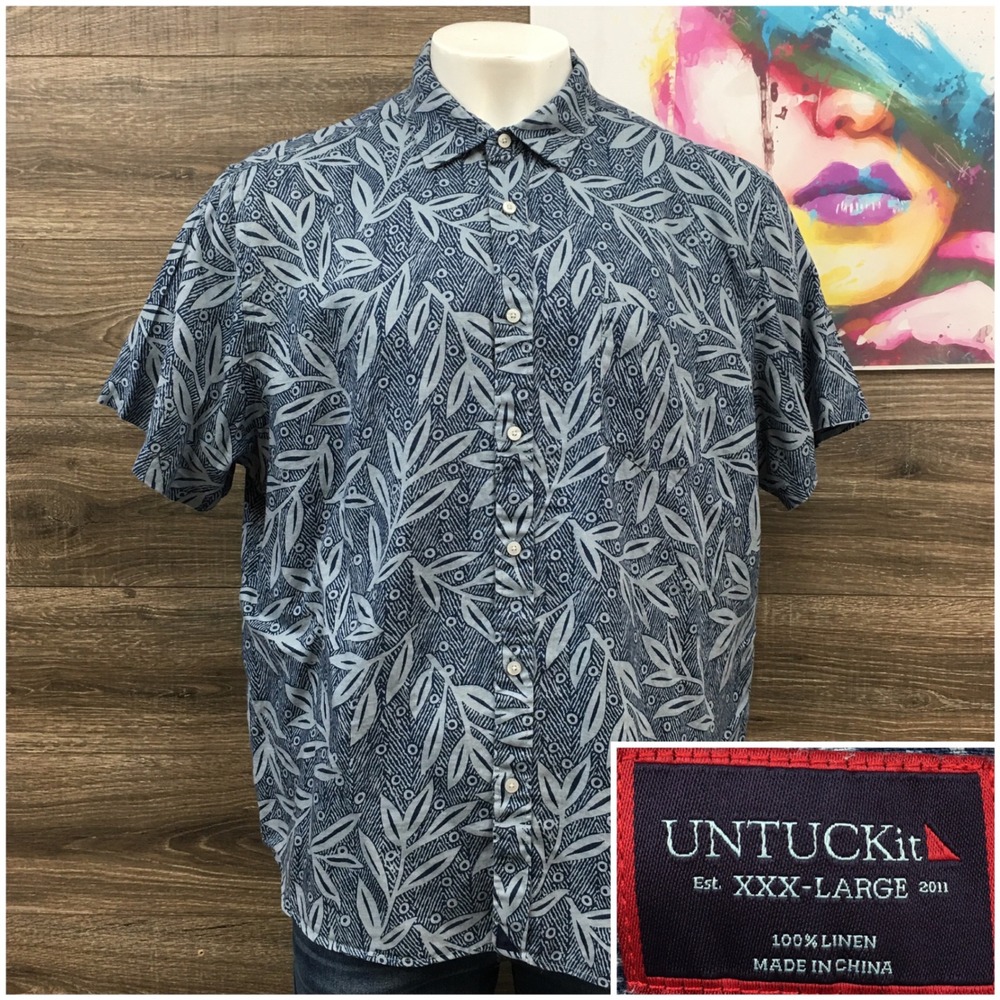 UNTUCKit Brentin Linen Short Sleeve‎ Button Down Shirt Mens 3XL Blue Floral Leaf